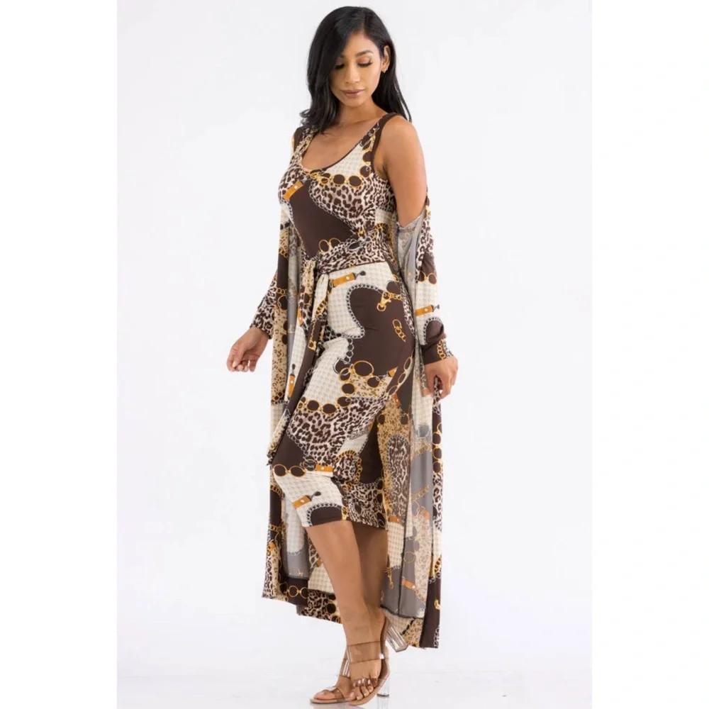 Two-Piece Dress and Cardigan Set, Sizes Small - 1XLarge (Chain Print) - Picture 2 of 6